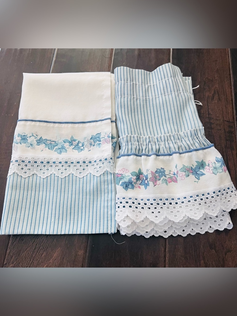 Blue Floral valance curtain set. Set with Lace Trim - Home Bedding